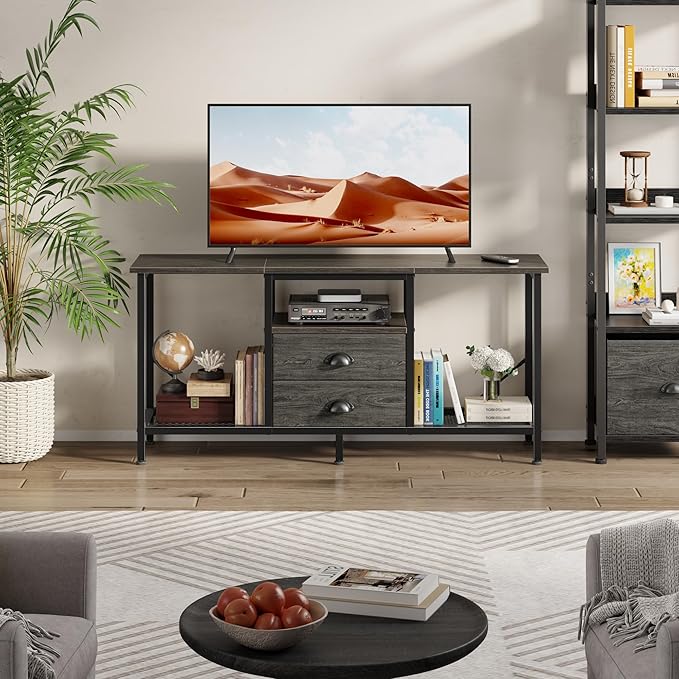 Furologee TV Stand with 2 Fabric Drawers, 43 Inch Entertainment Center with Open Storage Shelves, Media Console Table for Bedroom, Living Room, Light Black Oak