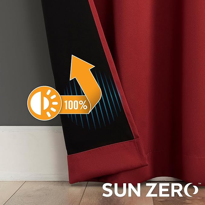 Sun Zero Nordic 2-Pack Theater Grade Noise Reducing Extreme 100% Blackout Grommet Curtain Panel Pair, 52" x 108", Red