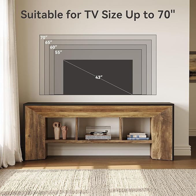 LITTLE TREE TV Stand for Up to 70 Inch TV, 63 Inches Long Entertainment Center for Living Room, Industrial Large Media Television Console Furniture with 3 Storage Cubes, Rustic Brown and Black