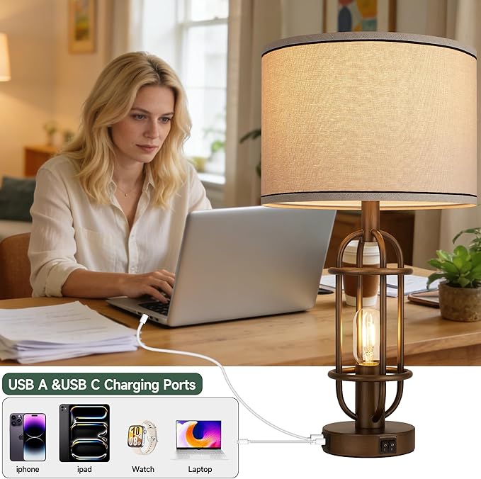 Table Lamps for Living Room Set of 2, 22.3" Farmhouse Lamps for Nightstand, Industrial Table Lamps for Bedroom with USB Ports