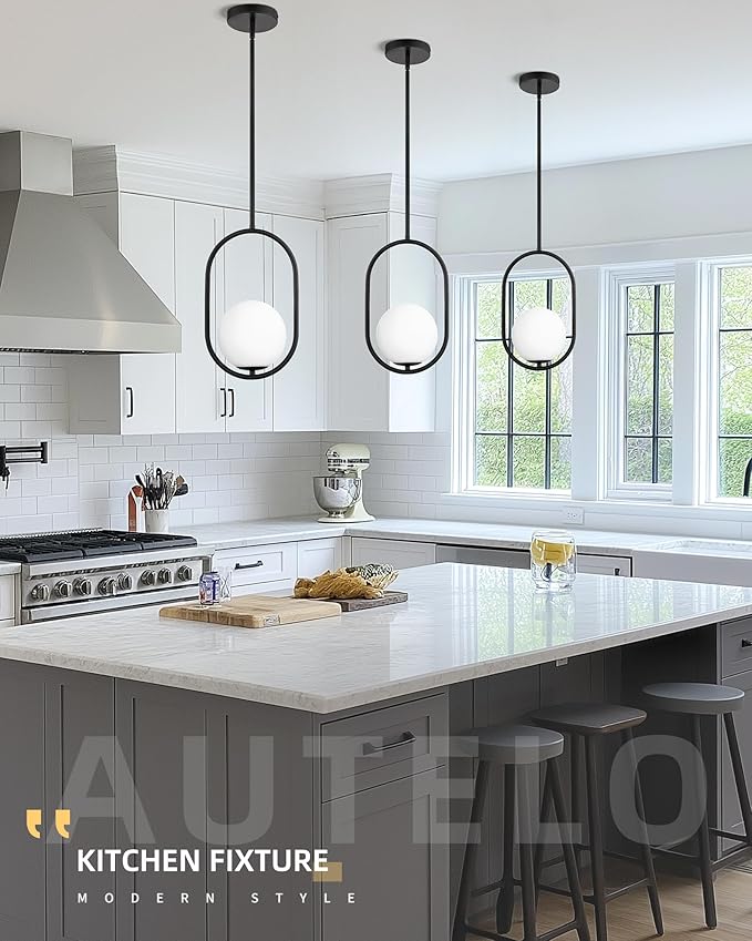 AUTELO 2 Pack Pendant Lights Kitchen Island, Matte Black Glass Pendant Lights with Milky White Globe Hanging Lamp, Adjustable Rods for Kitchen Bar Dining Room, H9376 MGBK-2PK