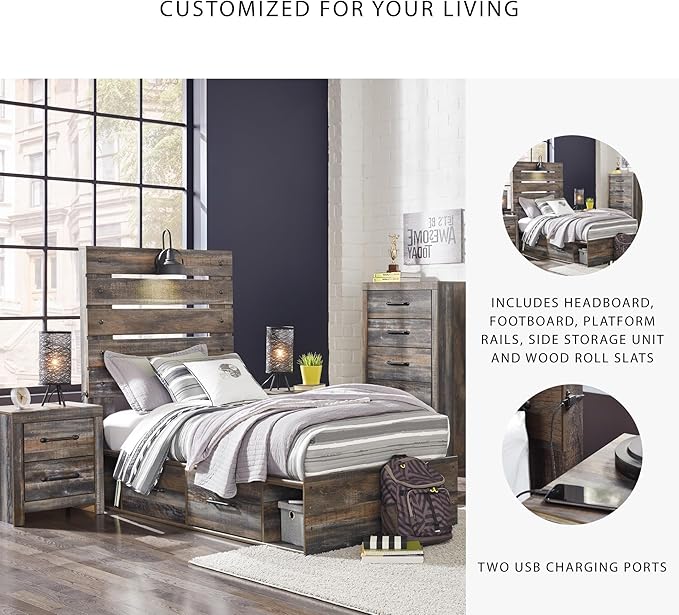 Signature Design by Ashley Drystan Rustic Twin Panel Platform Bed with 4 Storage Drawers, Open Cubbies, Sconce LED Light and USB Ports, Foundation or Box Spring Not Needed, Dark Brown & Gray