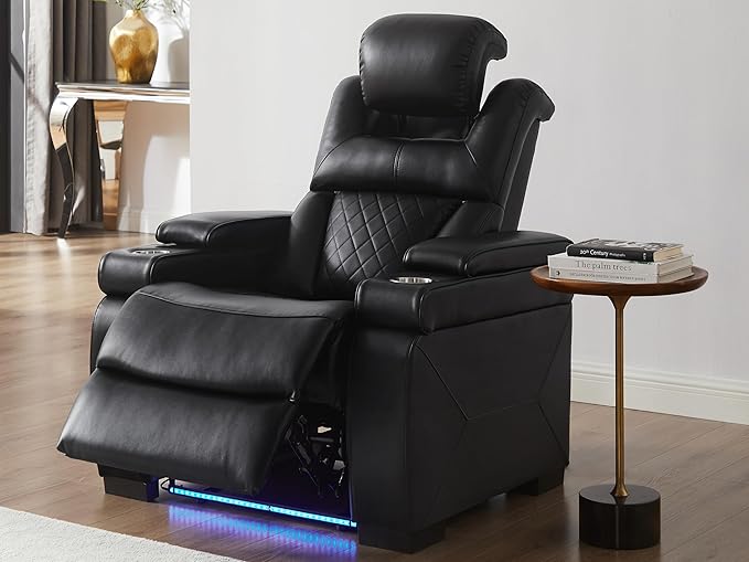 THSUPER Power Breathable Leather Reclining Chair with 7-Color LED Light, Living Room Recliner Chair with Adjustable Headrest/USB Port/Cup Holder/Storage Arm for Living Room, Black
