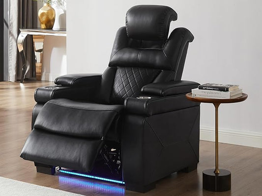 THSUPER Power Breathable Leather Reclining Chair with 7-Color LED Light, Living Room Recliner Chair with Adjustable Headrest/USB Port/Cup Holder/Storage Arm for Living Room, Black