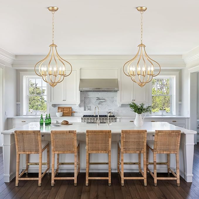 6 Lights Vintage Farmhouse Light Fixtures, Pendant Lights Kitchen Island Lighting, Modern Kitchen Light Fixtures Over Table Gold Chandelier for Dining Room Hallway Entryway Bedroom Foyer