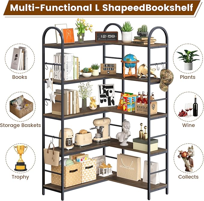 5 Tier Wooden Corner Bookshelves, 67 Inch Dark Brown Vintage Geometric Bookcase, DIY Bookcase Industrial Open Bookshelf, Heavy Duty Display Shelves Organizer for Living Room,Home Office.