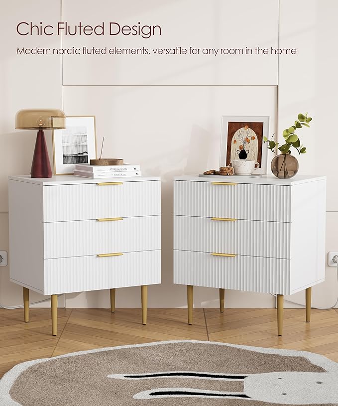 3 Drawer Nightstand with Charging Station, 23.2" W Large Fluted Night Stand, Modern Bedside Table with USB Ports and Outlets, for Bedroom, White and Gold