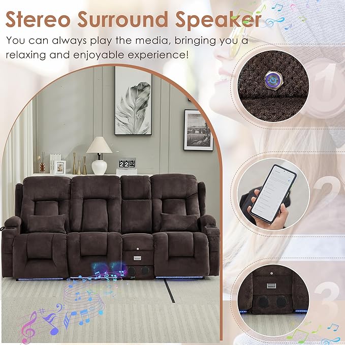 TUNYI Wall Hugger Loveseat Recliner Sofa with Console, Power Reclining Loveseat RV Couch with Massage & Heat/USB/Outlet/Storage/LED Light/Speaker (Brown, 4 Seat)