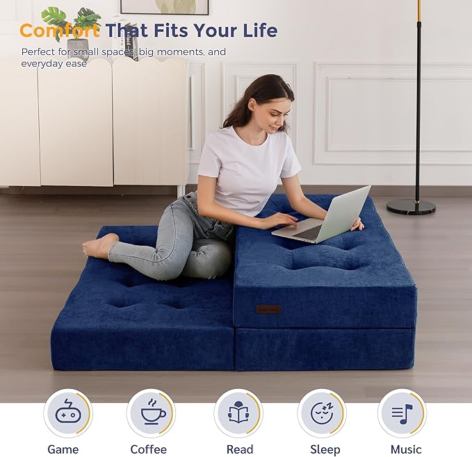 MAXYOYO Tri-Fold Mattress, 6 Inch Tufted Folding Mattress with Chenille Fabric, Portable Full Size Floor Guest Mat for Adults, Foldable Topper for Camping, Navy, 53"x75"