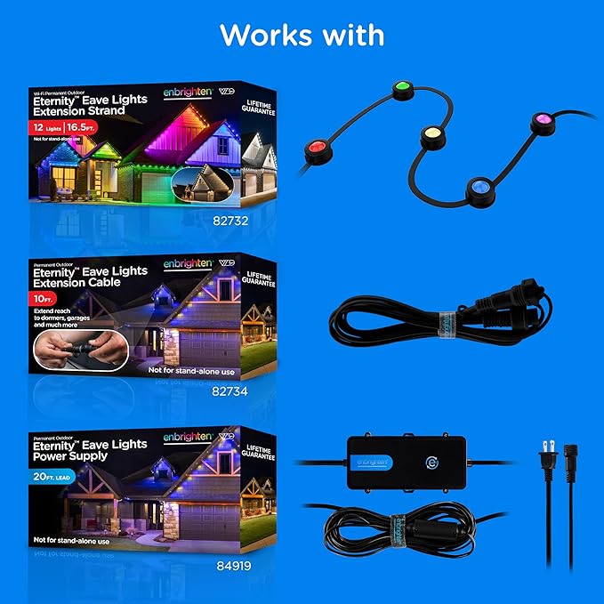 Enbrighten Vibe Eternity Permanent Outdoor Lights for House, 100 Feet, 72 RGBWIC LEDs, Close Spacing, 33lm, Color Changing, Christmas, Eave Lighting, Smart App, Works with Alexa, Google Home, 82730