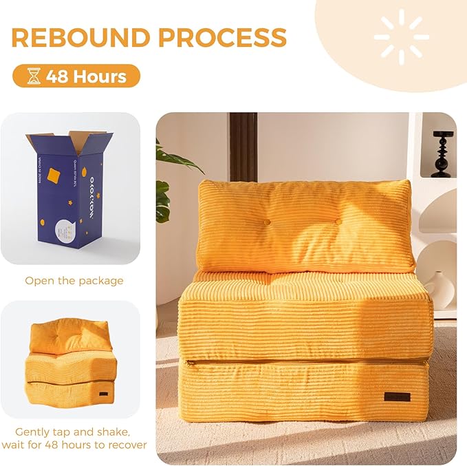 MAXYOYO Folding Sofa Bed, Convertible Sofa Bed with High-Density Support Foam, Portable 4 in 1 Fold Out Chair to Floor Lounger, Versatile Floor Couch for Living Room Bedroom, Orange