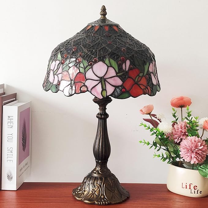 Tiffany Lamp Stained Glass Table Lamp Tiffany Style 3-Way Vintage Beside Reading Light 12 inch Flowers Style Antique Nightstand Light (Red Pink Flowers)