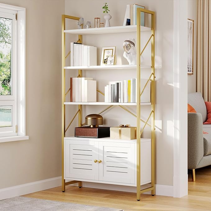 YITAHOME Bookshelf and Bookcase with Storage Cabinet, Standing 5 Tiers Book Shelves Display Rack with Doors for Bedroom Living Room Office,White&Gold