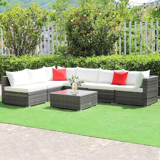 Tangkula 7 Piece Patio Wicker Furniture Set, Outdoor Rattan Sectional Sofa Set for 6 with Seat & Back Cushions, 2 Throw Pillows, Sofa Fastener Clips, for Backyard, Poolside, Deck and Garden (Navy)