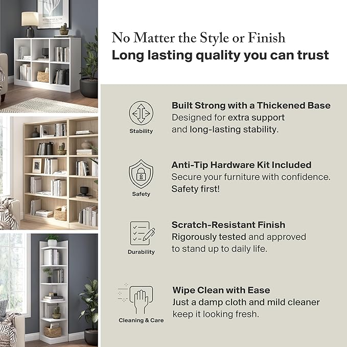 Bush Furniture Universal Tall 5 Shelf Bookcase in Ash Gray - Set of 2, Matching Storage and Display Bookshelves for Home Office or Living Room Organization