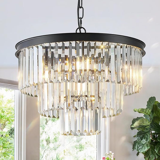 Black Crystal Chandeliers, 20” Modern Chandeliers for Dining Room 3 Tiers 7 Lights Luxury K9 Crystal Ceiling Pendant Round Light Fixture for Foyer Kitchen Bedroom Closet