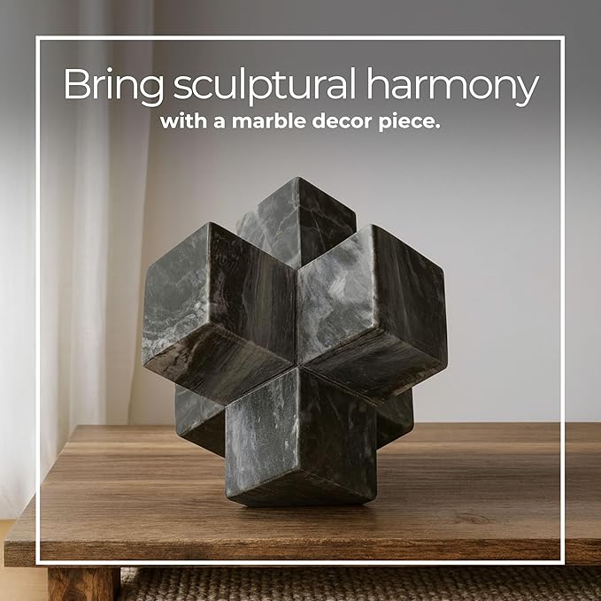 Geometric Cube Decorative Object – Marble Sculpture Modern Home Decor Ornament – Shelf Styling & Coffee Table Decor for Bathroom, Office & Living Room – 7", Gray