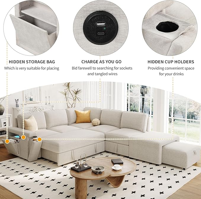 90.6" L-Shaped Modular Padded Cloud Sectional Fabric Sofa Set with Pull Out Bed, Convertible Sectional Couches w/Storage Space and USB Ports & Cup Holders on The Armrests,for Living Room,Beige