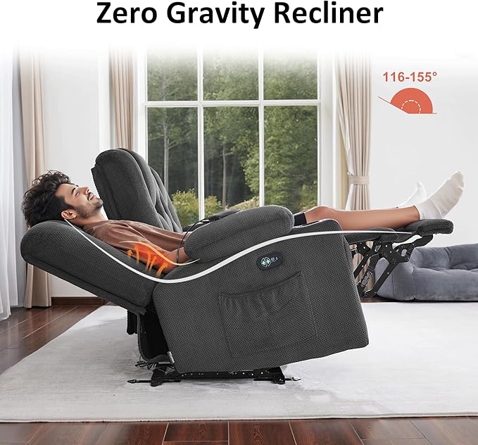 MCombo Zero Gravity 3 Seater Power Reclining Sofa, Heat and Vibration Massage, Recliner Couch for Living Room, Fabric 6035SET (Grey, 3 Seater)