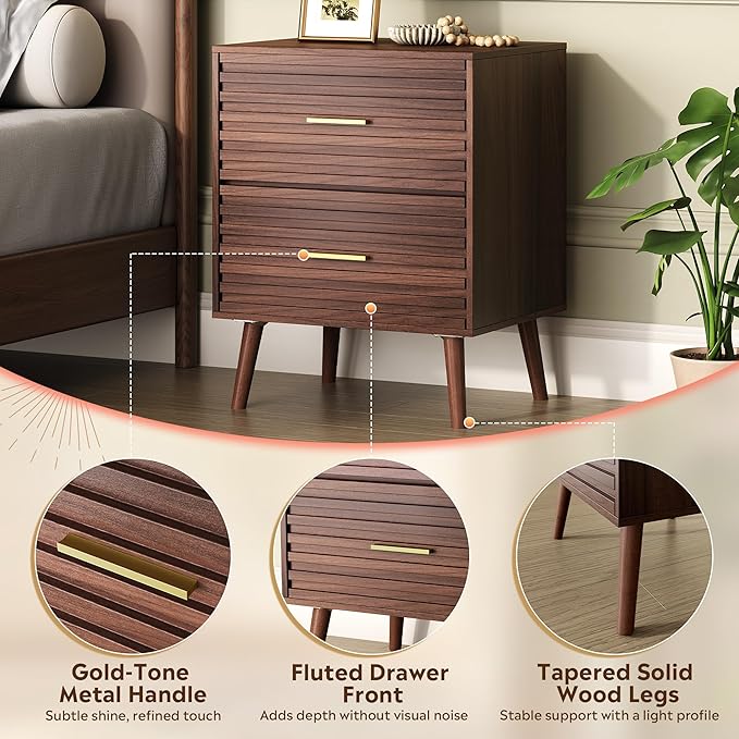 WLIVE Mid Century Modern Nightstand, Fluted Wood Bedside Table with Two Drawers, Brown Night Stand for Bedroom