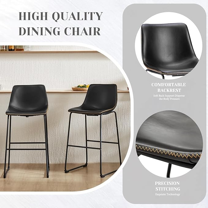 Sweetcrispy Counter Height Bar Stools Set of 4, 30 inch Leather Barstools Modern Bar Stools with Back, Counter Stool Armless Bar Chairs with Metal Legs, Footrest, Classic Black