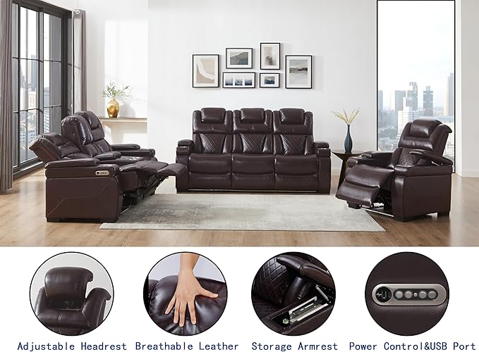 THSUPER Power Breathable Leather Reclining Sofa Set with 7-Color LED Light, Living Room Recliner Couch with Adjustable Headrest/Reading Light/USB Port/Wireless Charing/Bluetooth Speaker, Brown