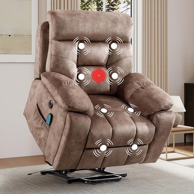 EBELLO Power Lift Recliner Chair with Massage and Heat, Soft Fabric Massage Recliner for Adults with Hidden Cup Holders, Side Pocket, Overstuffed Single Sofa for Living Room, Brown