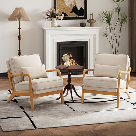 Modern Accent Chair Set of 2 with Lumbar Pillow, Relaxing Mid Century Chair Armchair with Solid Wood Frame & Soft Cushion, Reading Leisure Armchair for Living Room, Beige