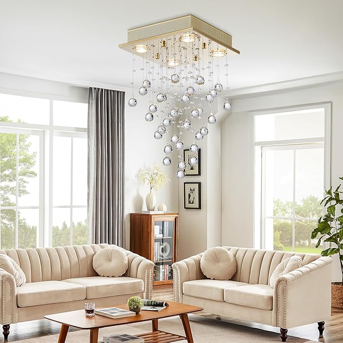 Bestier Gold Modern Crystal Square Raindrop Chandelier Lighting Flush Mount LED Ceiling Light Fixture Pendant Lamp for Dining Room Bathroom Bedroom Livingroom 4 GU10 Bulbs Required 12" Wide 20" High