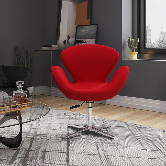 Manhattan Comfort Raspberry Adjustable Swivel Accent Chair with 360° Turn, Polished Chrome Base, Modern Retro Design, Versatile Seat Ideal for Any Room, Set of 1, Red