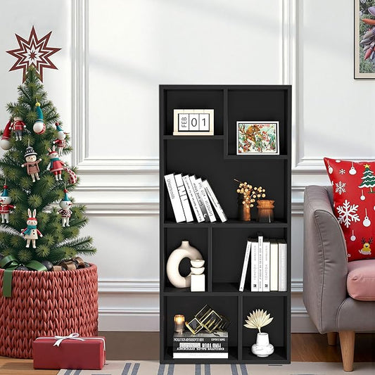 VECELO 42 Inch High Bookcase, 4-Tier Modern Storage Cabinet with Height Difference Shelves for Standard Textbooks, Floor Standing, 7 Cubes, Horizontal Available, Easy Assembly, Vintage Black