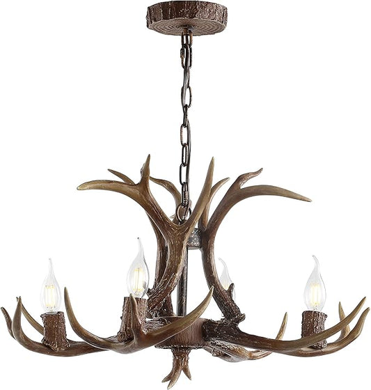 JONATHAN Y 26" Brown Rustic Resin Antler 4-Light LED Chandelier, Farmhouse Faux Deer Horn Hanging Ceiling Light for Dining Room, Kitchen Island, Adjustable Light Fixture JYL6301A