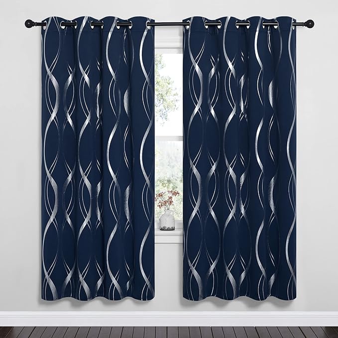 NICETOWN Blackout Curtain Panels 72 inches Long, Window Treatment Foil Printed Wave Lines Thermal Insulated Grommet Blackout Drapes for Living Room/Office/Guest Room(Navy, 1 Pair, 52 inches Wide)