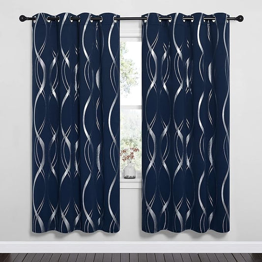 NICETOWN Blackout Curtain Panels 72 inches Long, Window Treatment Foil Printed Wave Lines Thermal Insulated Grommet Blackout Drapes for Living Room/Office/Guest Room(Navy, 1 Pair, 52 inches Wide)