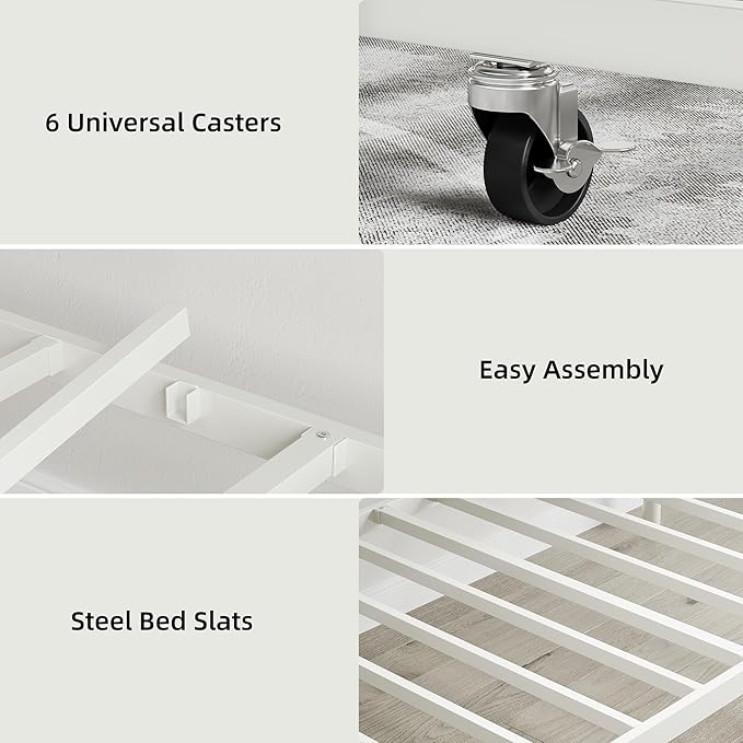 IDEALHOUSE Twin Daybed with Trundle, Metal Trundle Bed, Sofa Bed Frame, Heavy Duty Metal Slats, for Living Room, Bedroom, Guest Room, Space Saving, Modern White
