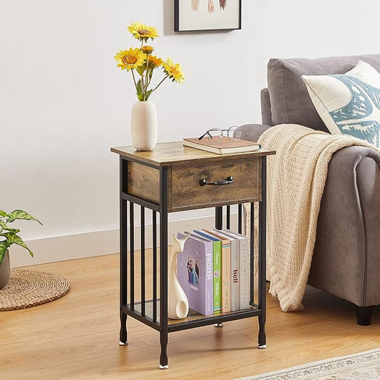 VECELO Nightstands, Industrial Side Table/End Tables with Drawer and Storage Shelf, Night Stands for Bedroom, Living Room, Wood Metal Furniture, Easy Assembly