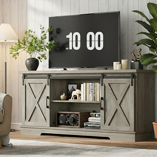 GarveeHome Farmhouse Tv Stand for 65 in TVs, Entertainment Center with Sliding Barn Doors and Adjustable Shelf, Modern Media TV Console TV Stand Table for Living Room, Bedroom, Grey