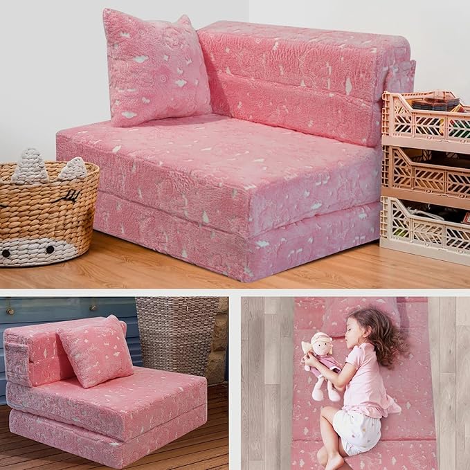 MeMoreCool Glow Pink Unicorn Tri-fold Sofa Bed for Kids, Foldable Futon Chair and Floor Couch, Convertible Trifold Mattress for Playroom
