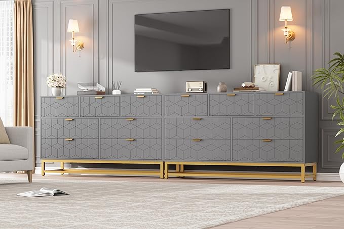 GAOMON Dresser for Bedroom, 53.5" Wide Dresser Organizer, 7 Drawer with Golden Metal Handle and Legs, Modern Chest of Drawers for Closet, Hallway, Living Room, Entryway, Grey