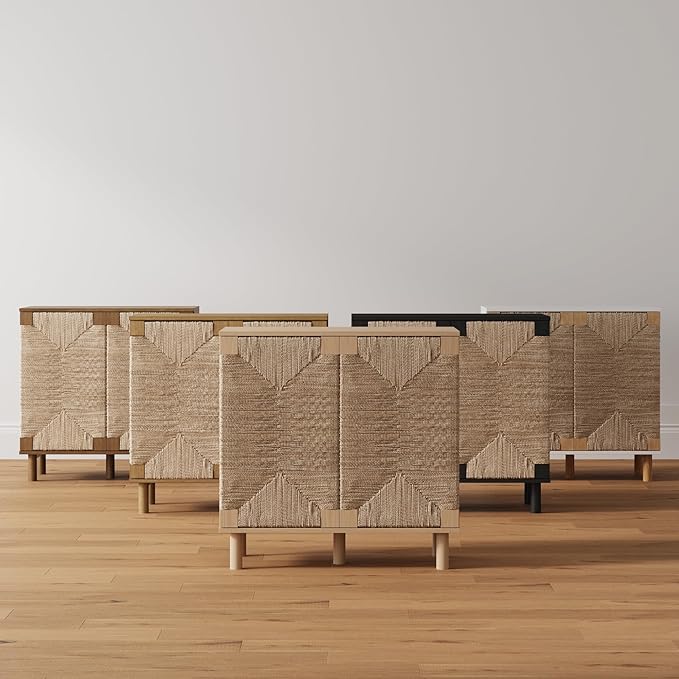 Nathan James Beacon Accent Natural Sideboard Storage Cabinet TV Stand with Adjustable Interior Shelf and Seagrass Doors, for Hallway, Entryway or Dining Room, Light Brown/White, Set of 2