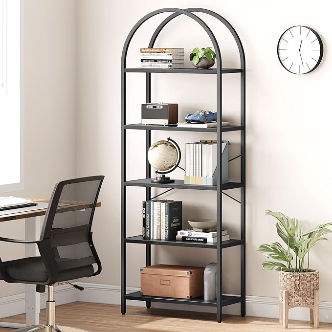 GarveeHome Arched Bookshelf 5 Tier Tall Bookcase Modern Standing Bookshelves Metal Storage Rack Shelf Wood Book Shelf for Bedroom, Living Room, Home Office