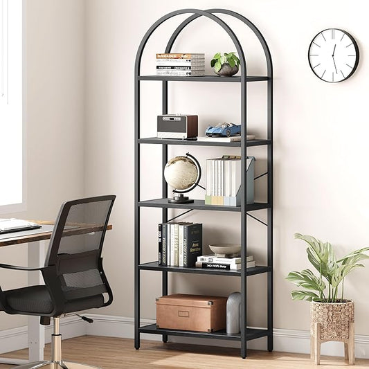 GarveeHome Arched Bookshelf 5 Tier Tall Bookcase Modern Standing Bookshelves Metal Storage Rack Shelf Wood Book Shelf for Bedroom, Living Room, Home Office