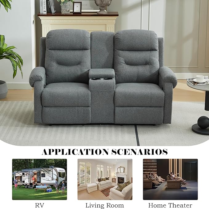 DRMBOOK RV Loveseat Recliner Sofa with Console, Linen Fabric Double Wall Hugger Reclining Couch Manual Home Movie Seating 2 Person Recliner Chair with Cup Holders/Storage/Pocket/Lumbar Pillow, Grey