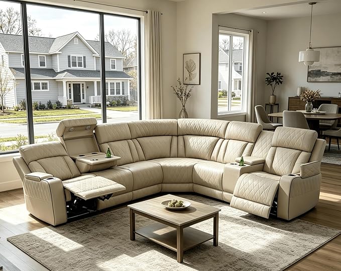 Power Recliner Sectional Sofa with LED Lighting, Breathing Leather Corner Couch with USB Port and Storage Console, Cup Holders, Reading Light – Home Theater & Living Room Seating (Beige)