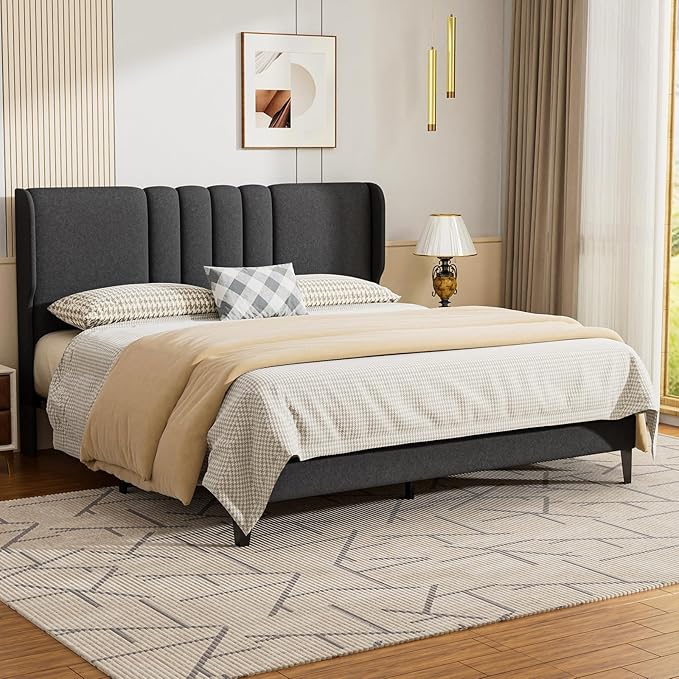 GTPLAYER Full Size Bed Frame, Upholstered Platform Bed Frame with Tall Headboard Wingback, Soft Velvet Fabric, No Box Spring Needed, Easy Assembly, Dust Grey