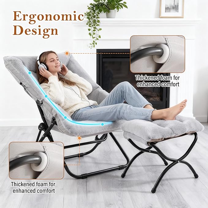 Saucer Chair with Ottoman, Oversized Foldable Faux Fur Chair, X-Large Soft Dorm Chair, Patio, Study, Playroom (Grey)