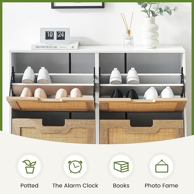 4 Flip Drawers Shoe Storage Cabinet, Rattan Shoe Organizer with Metal Legs, Freestanding Narrow Shoe Rack Cabinet for Entryway, White