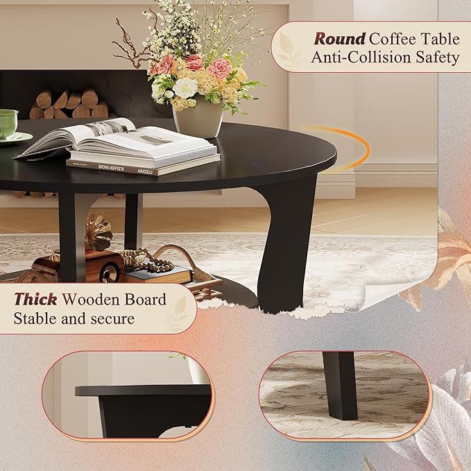WLIVE Round Coffee Table, 2-Tier Small Coffee Table with Storage Shelf, Circle Wood Center Table for Living Room, Apartment, Easy Assembly, Black