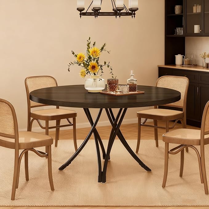 Tribesigns 47" Round Dining Table for 4-6, Modern Kitchen Table with Metal Cross Legs, Small Circle Dinner Table for Kitchen, Dining Room, Small Space, Space Saving (Black)