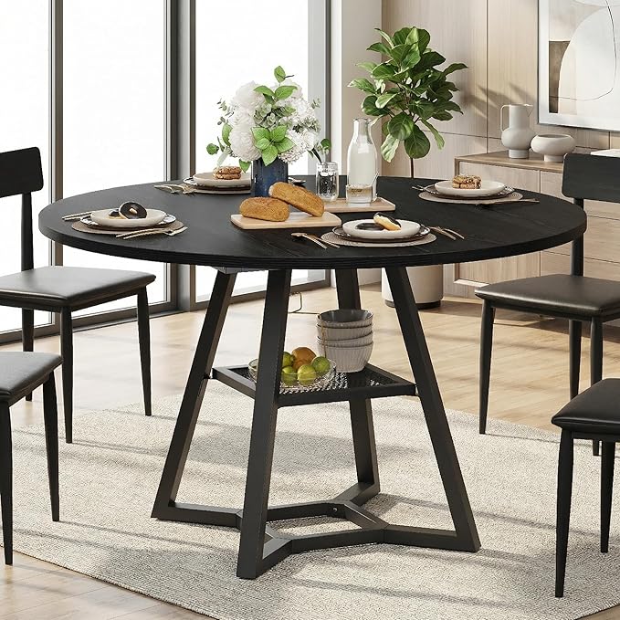 Round Dining Table for 4-6 with Storage Shelf, Kitchen & Dining Room Circle Pedestal Table, Heavy Duty Metal Frame & Wood Top